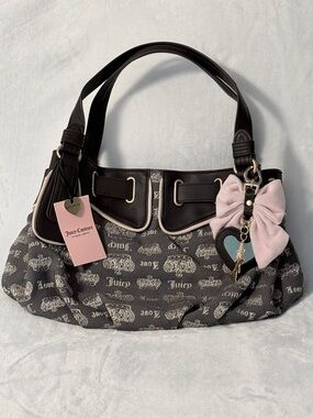 Juicy Couture Brown Sandstone Logo Fan Club Satchel with Pink Bow Charm